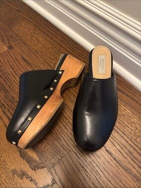 Steven by Steve Madden Black Leather Studded Wooden Clog Mules